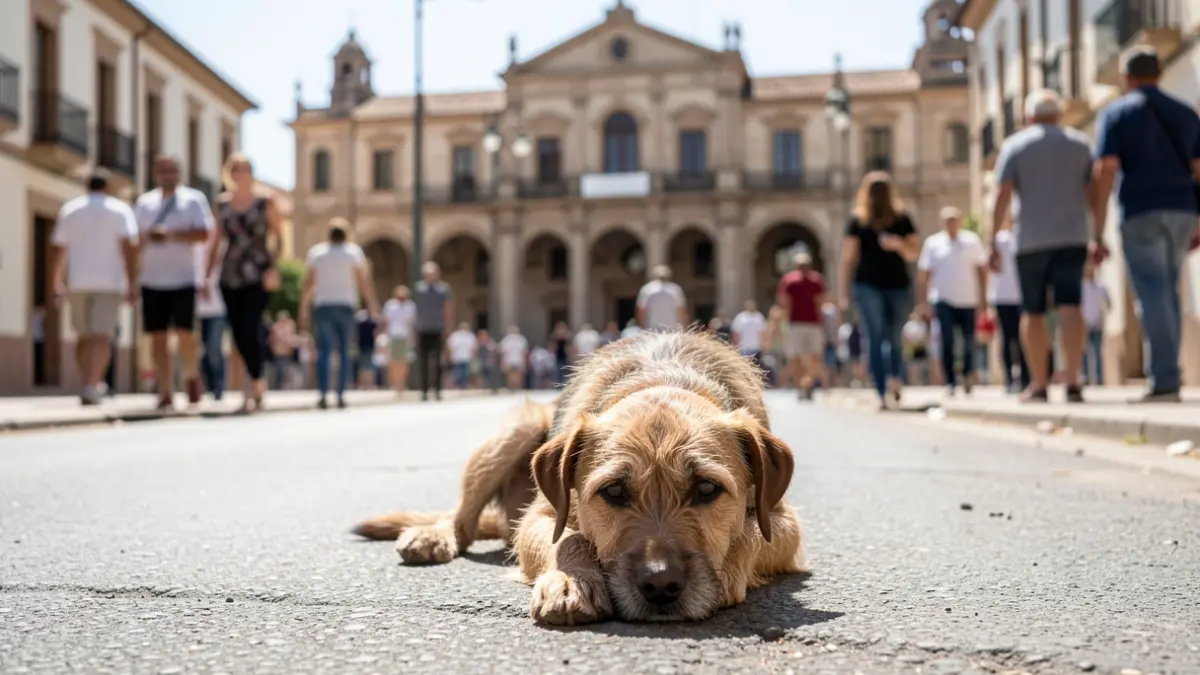 Imagen de un perro abandonado en una carretera de Alcalá de Henares con el ayuntamiento al fondo.