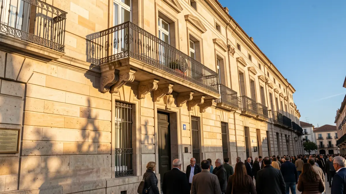 Fachada de un ayuntamiento de la Comunidad de Madrid con balcón de hierro y luz de tarde.