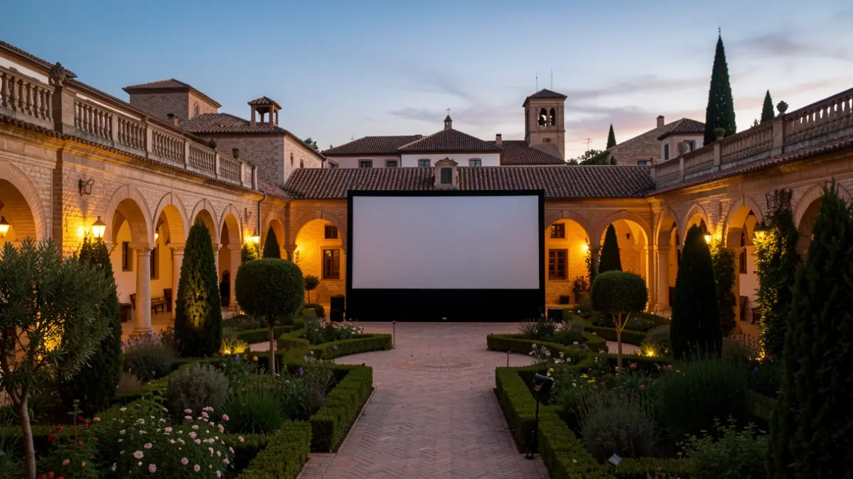 Pantalla de cine gigante al aire libre en la Huerta del Obispo de Alcalá de Henares.