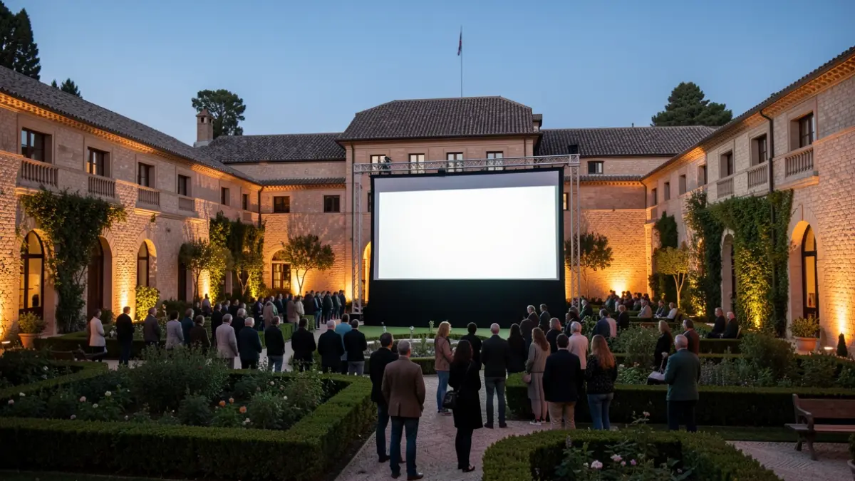 Imagen genérica de la Huerta del Obispo en Alcalá de Henares con una pantalla de cine al aire libre.