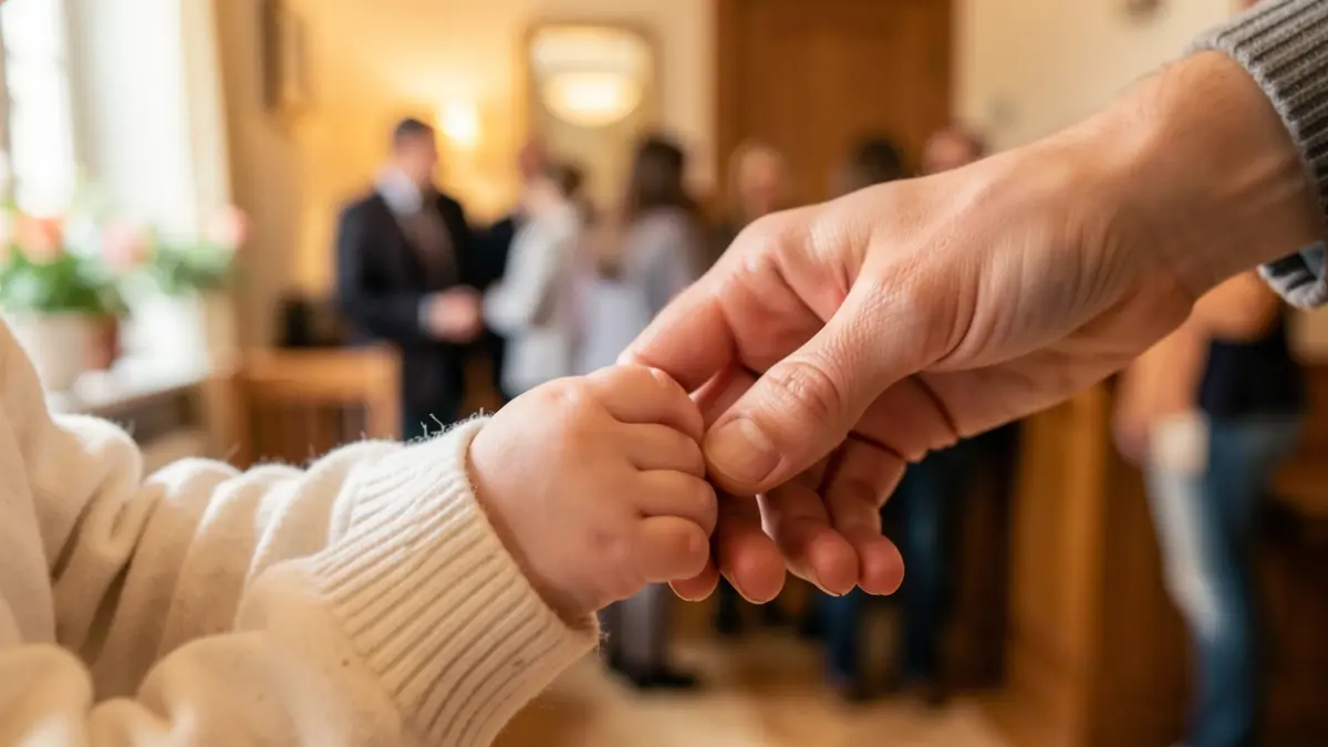 Close-up of a baby's hand holding a parent's finger, with a warm and homely background.