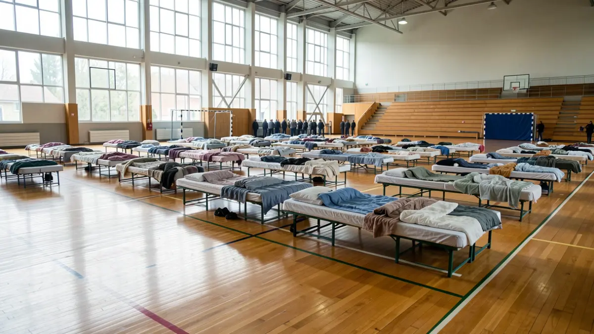 Image of a sports pavilion set up as a temporary shelter.