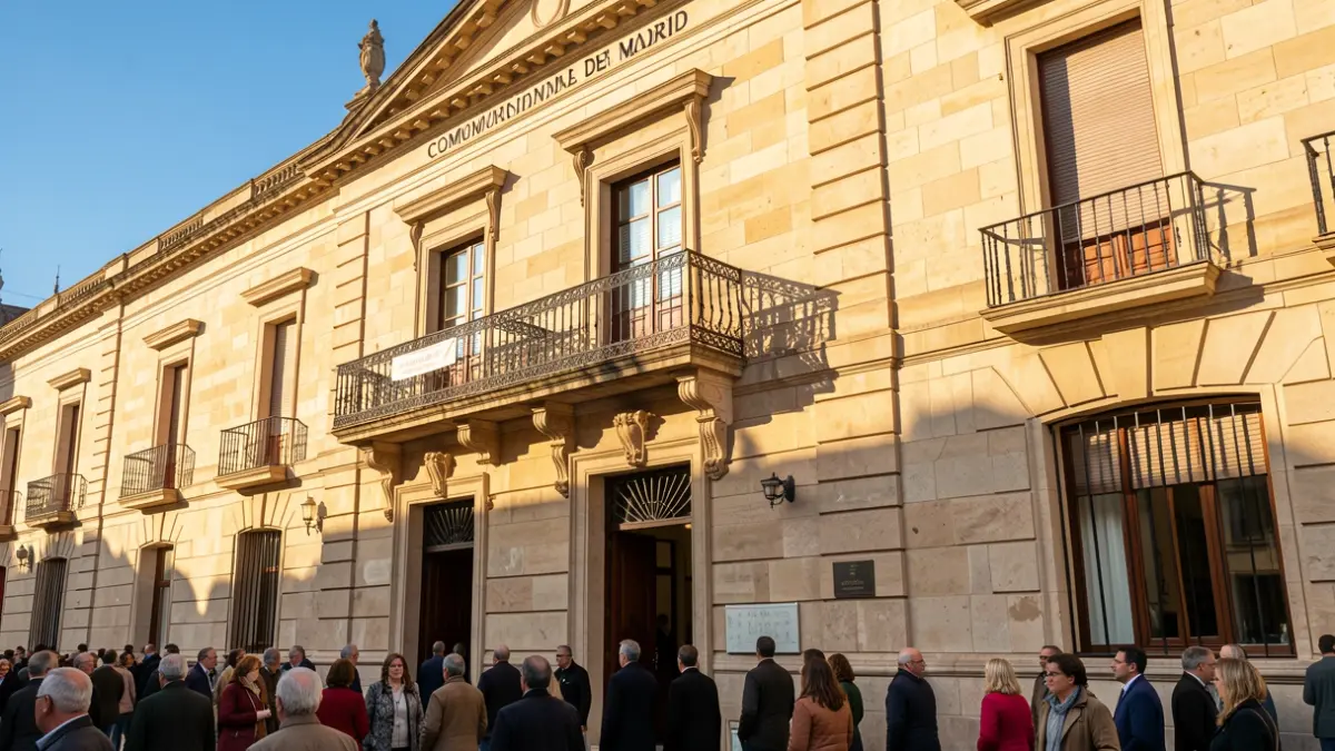 Fachada de un ayuntamiento de la Comunidad de Madrid con balcón de hierro forjado, luz de tarde.