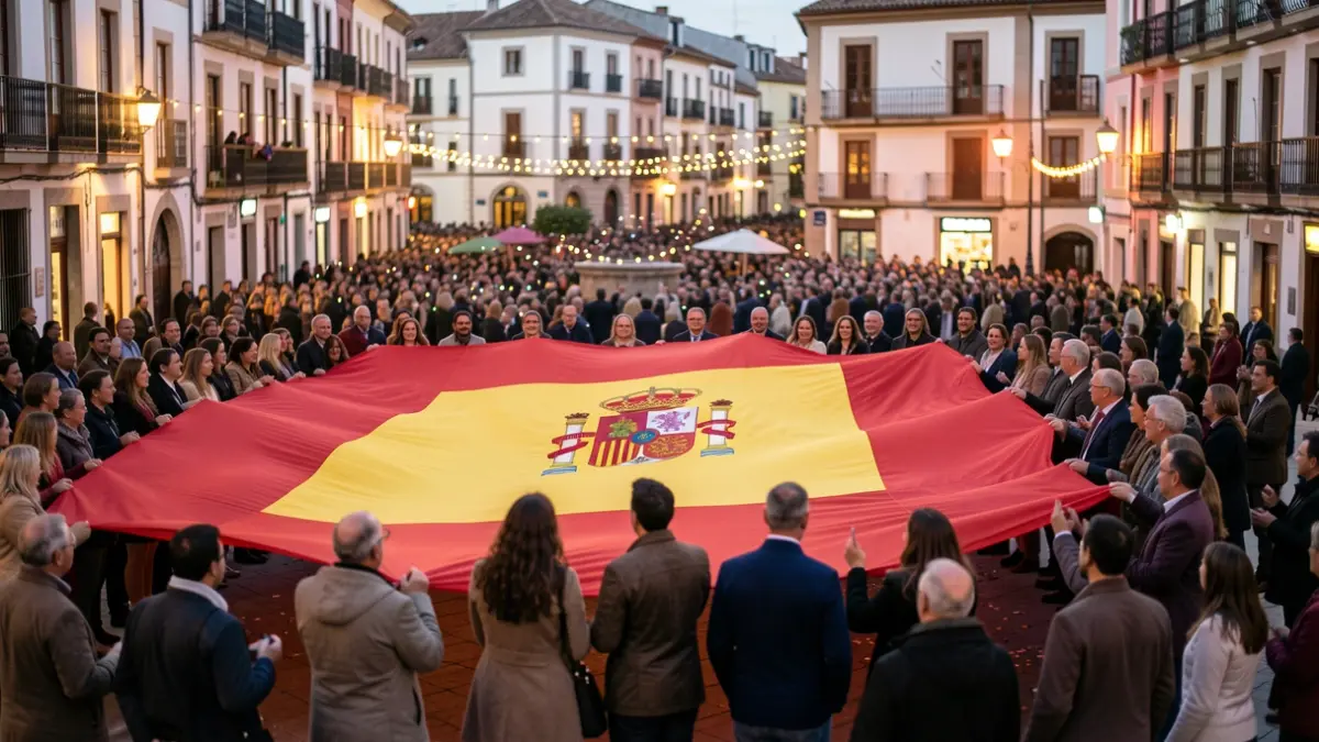 Imagen genérica de una celebración popular con una bandera española desplegada en una plaza.