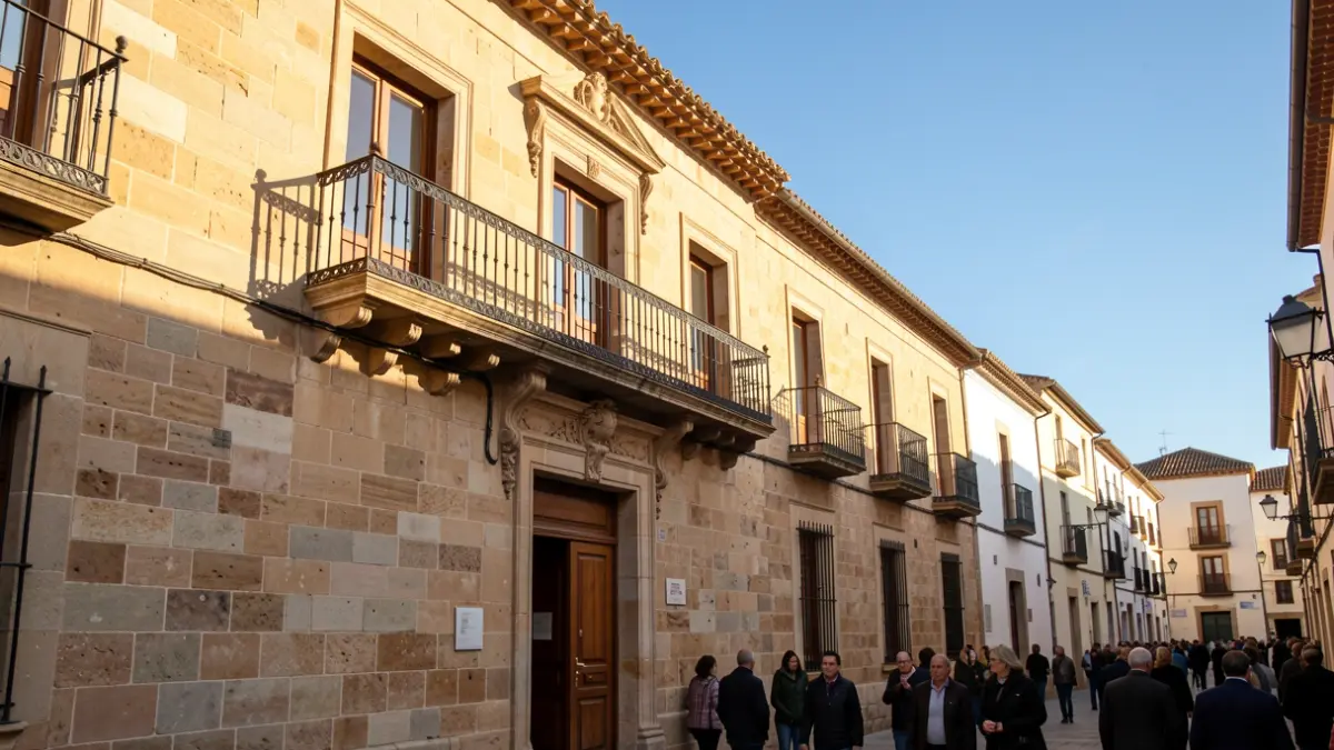 Fachada de un ayuntamiento de piedra con balcón y barandillas de hierro, luz de tarde.