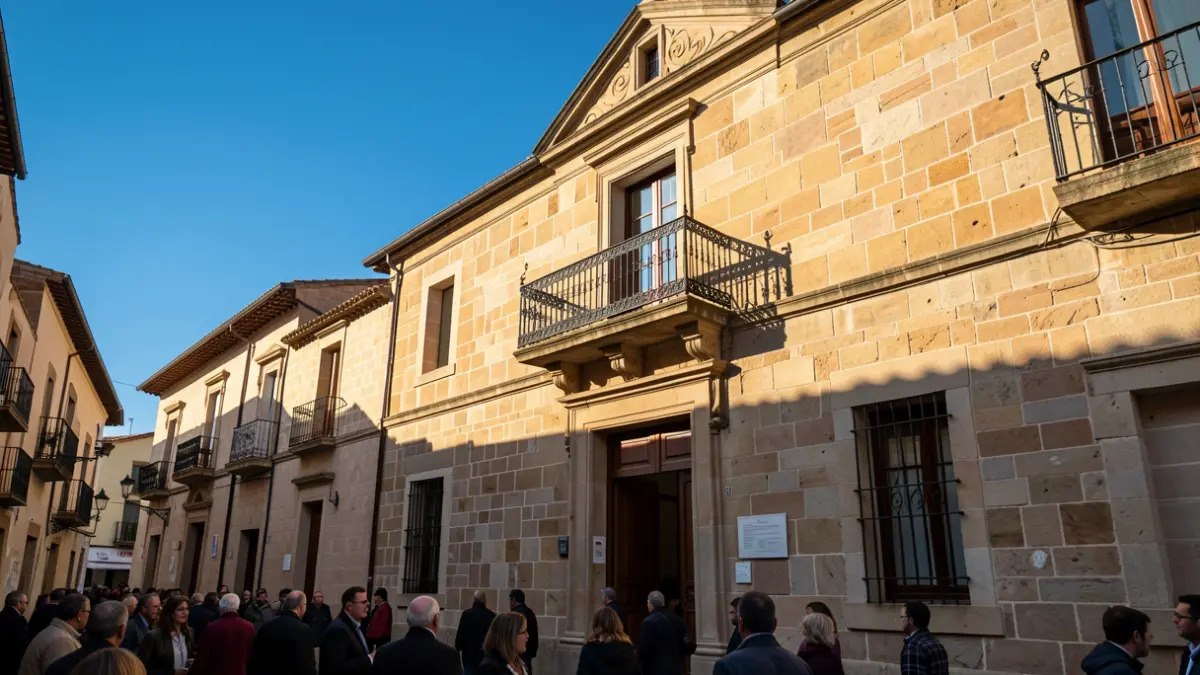 Stone town hall facade with iron balcony and blue sky.