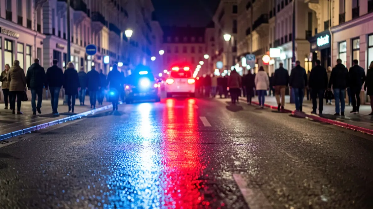 Imagen genérica de luces de emergencia policiales reflejadas en el asfalto durante la noche.