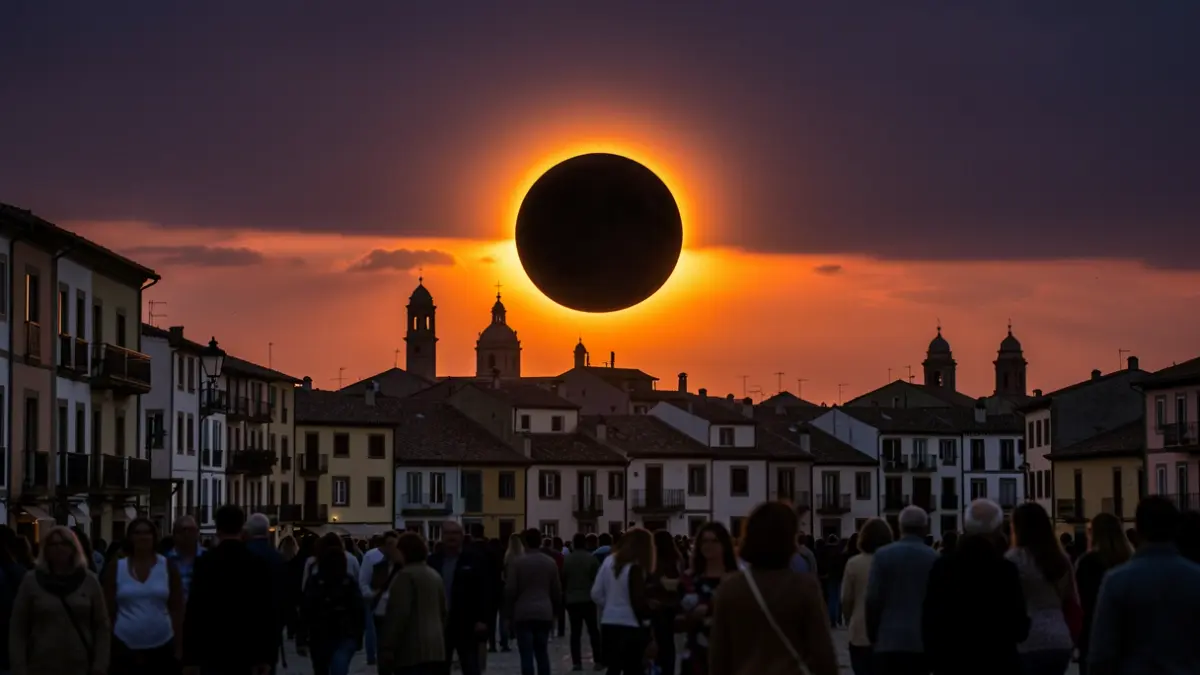 Nearly total partial solar eclipse over the skyline of a Spanish city at sunset.
