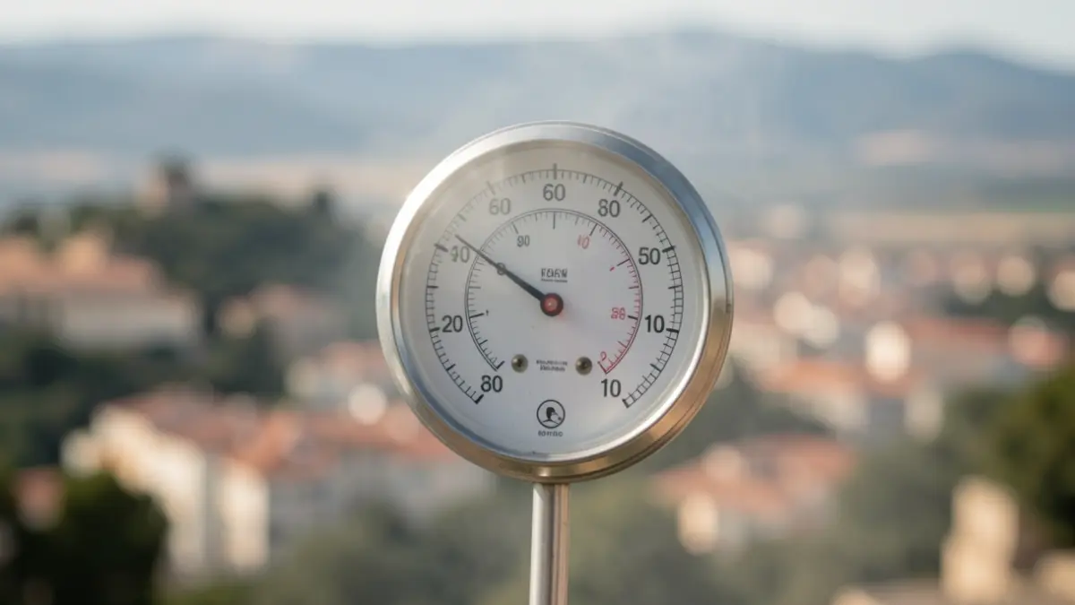 Termómetro marcando alta temperatura con paisaje de la Comunidad de Madrid al fondo.