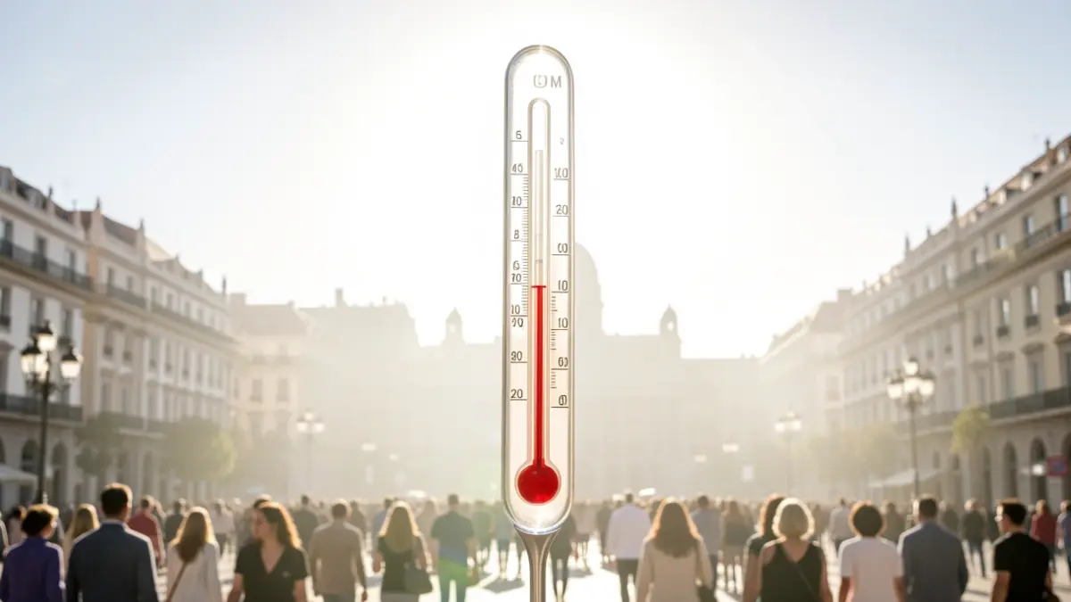 Thermometer showing high temperature with the Madrid skyline in the background under intense sun.