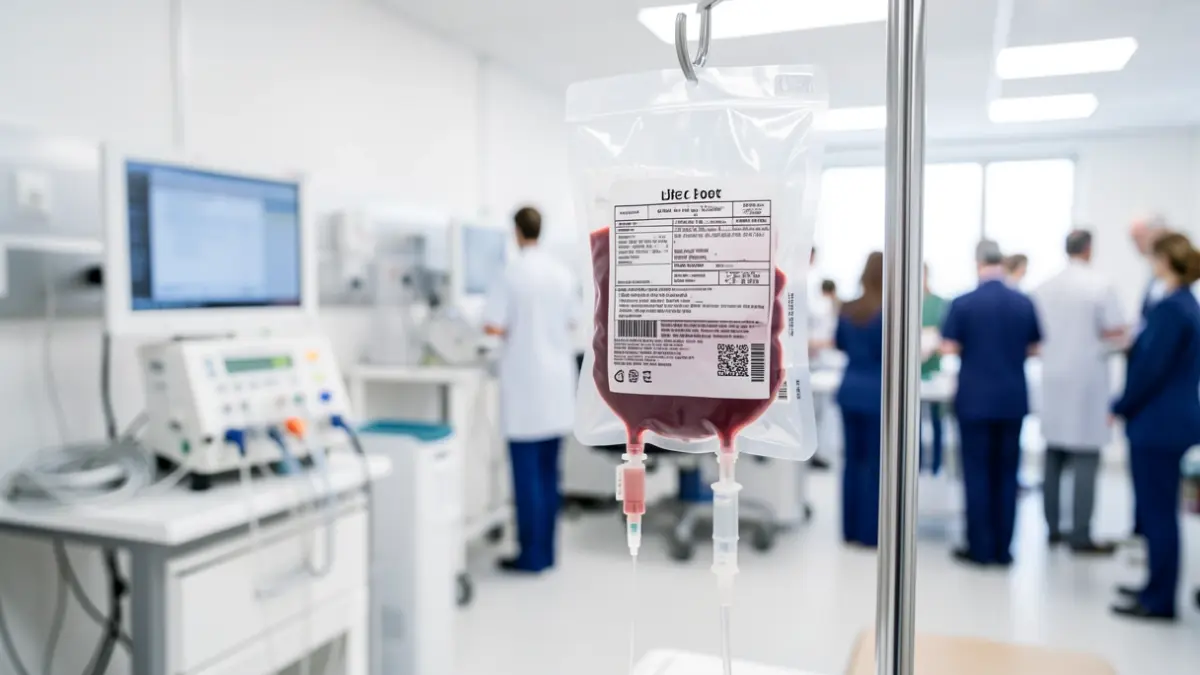 Generic image of a blood donation bag in a hospital setting.