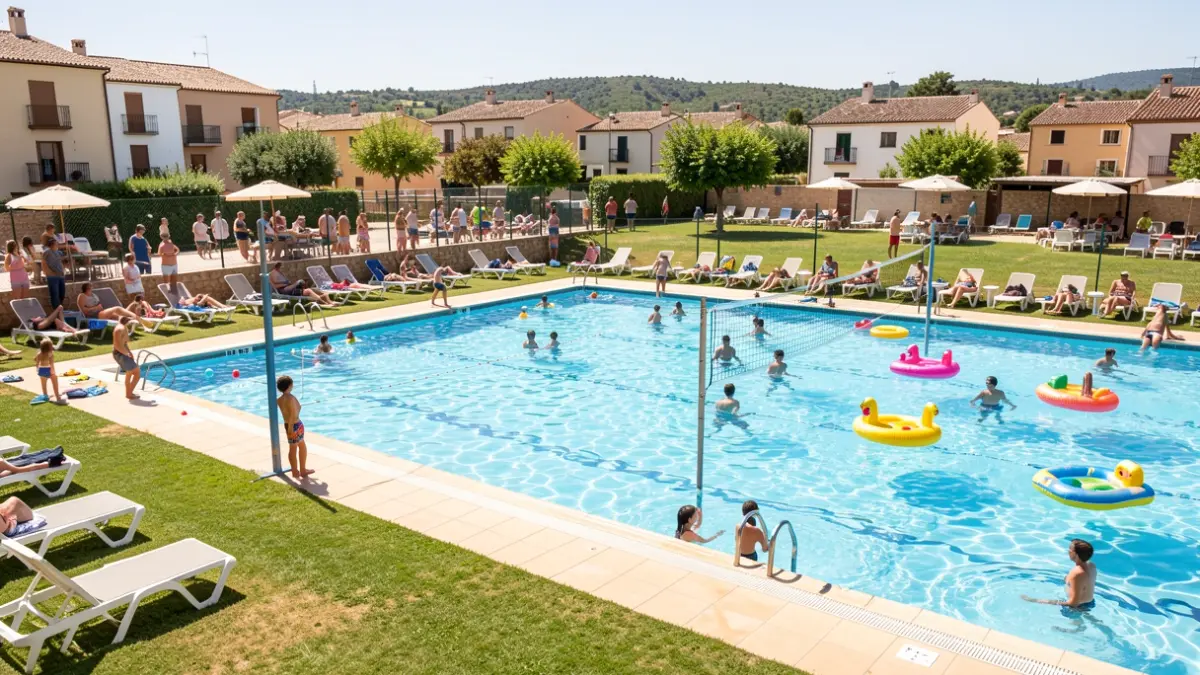 Imagen genérica de una piscina municipal en un día soleado, con zonas verdes y elementos deportivos.
