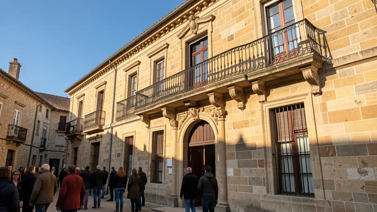 Fachada de piedra de un ayuntamiento con balcón ornamental bajo la luz del sol.
