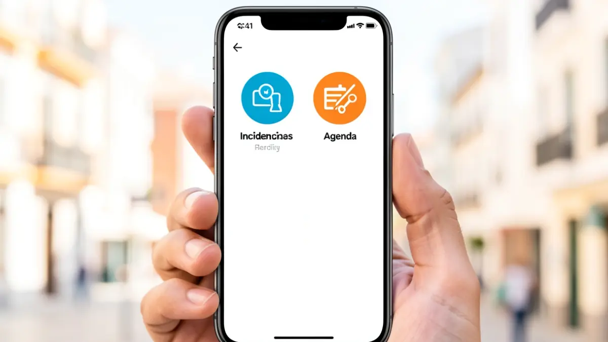 Interface of a municipal mobile application with service icons and a blurred urban background of the Comunidad de Madrid.