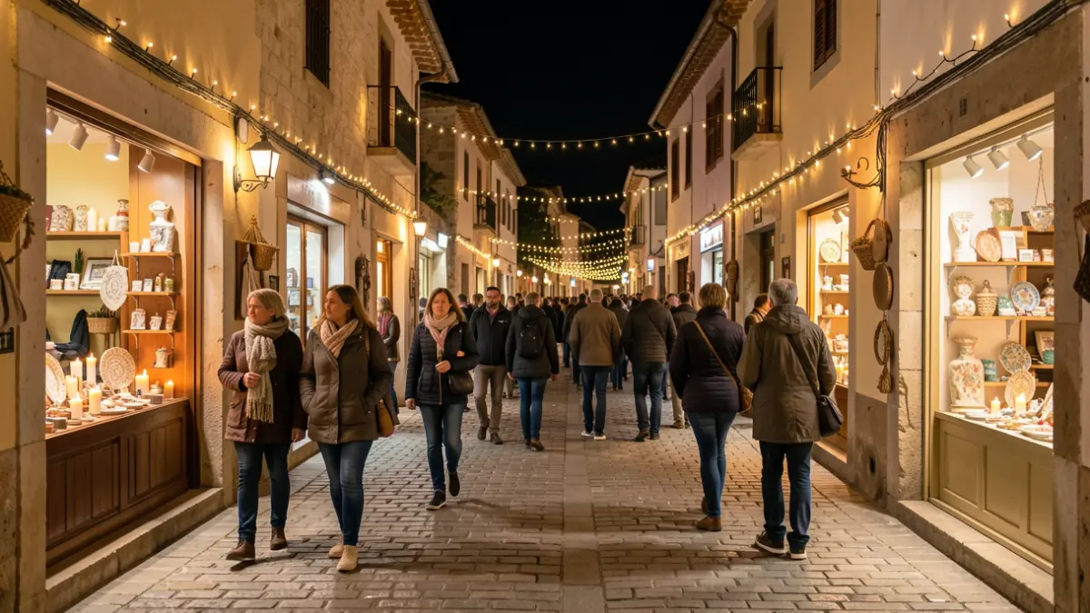 Street illuminated with candles and lights during the 'Alpedrete en Blanco' night, with open shops and people strolling.
