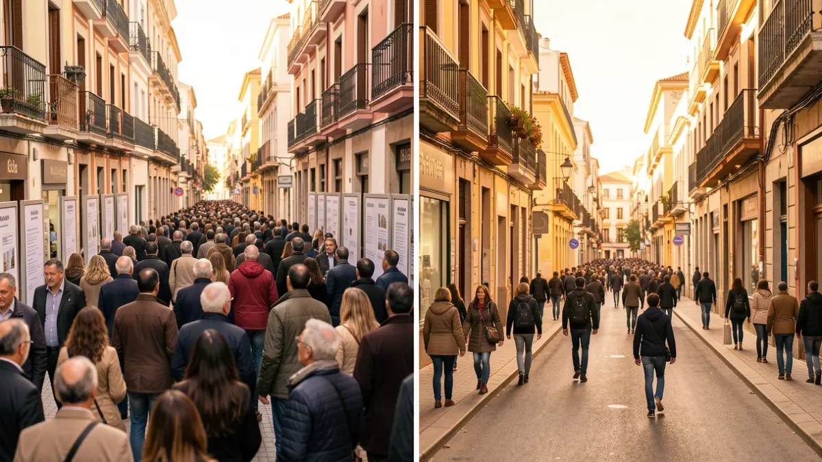 Imagen dividida que muestra la alta demanda de alquileres y la mayor oferta de compraventa de viviendas en Madrid.