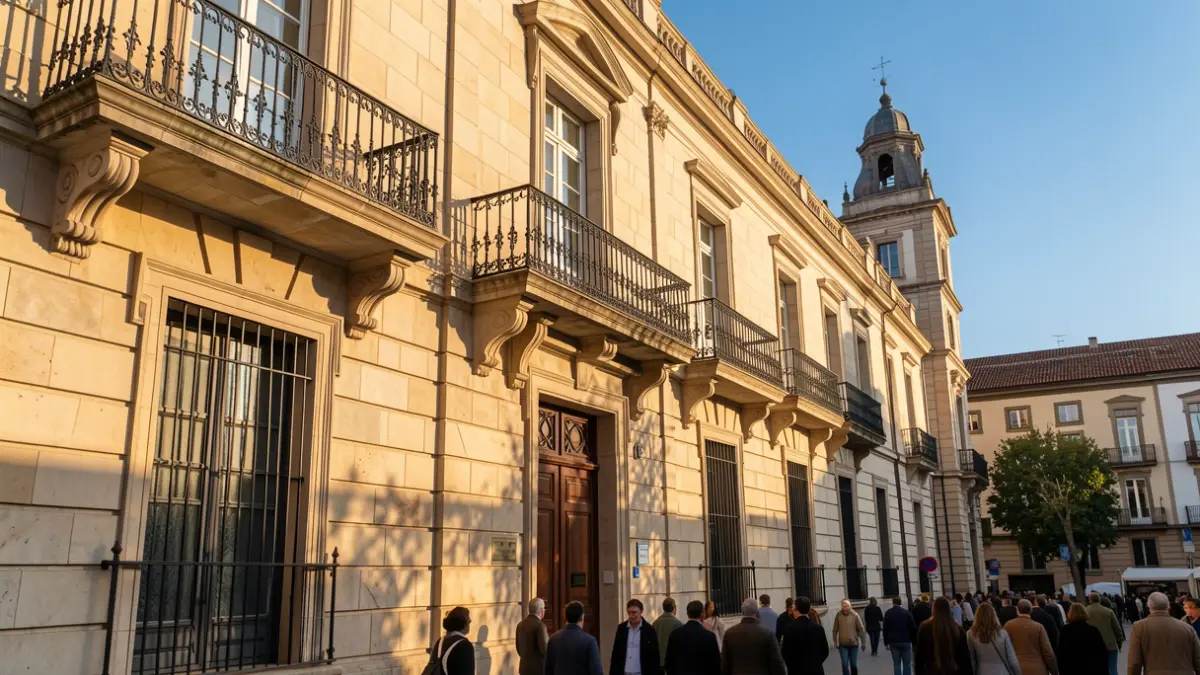 Fachada de un ayuntamiento de la Comunidad de Madrid con balcón y barandillas de hierro, luz cálida de la tarde.