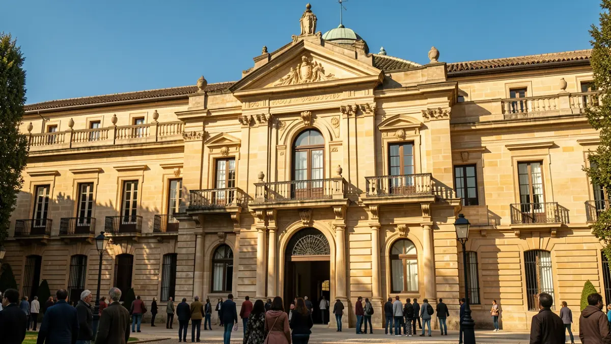 Fachada del Ayuntamiento de Aranjuez con balcones y barandillas de hierro. Luz cálida de la tarde.