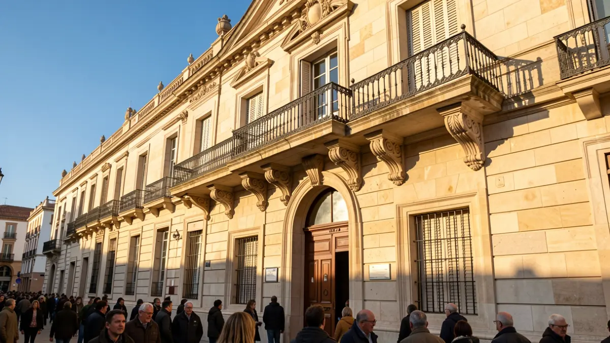 Stone facade of a town hall in the Community of Madrid with a balcony and iron railings, warm afternoon light.