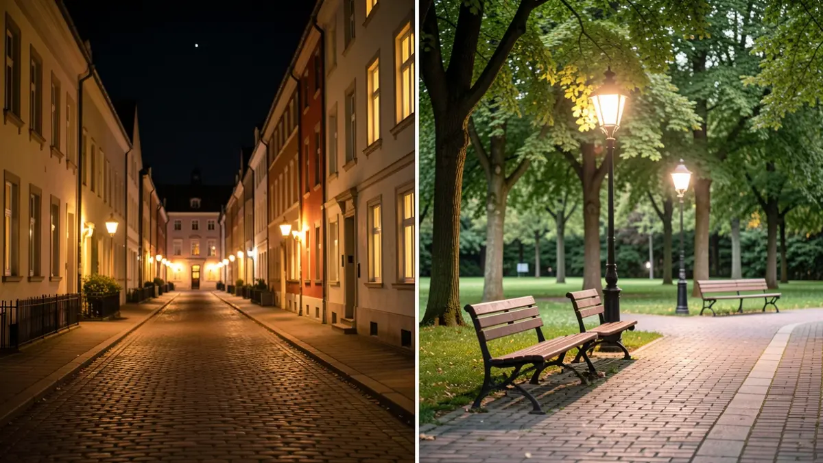 Generic image of a quiet residential neighborhood at night and a public space for youth.