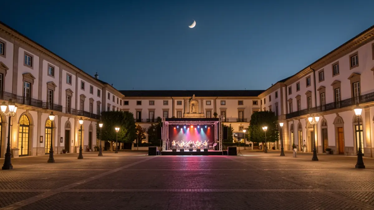Plaza de la UNESCO in Aranjuez at dusk, set up for a concert and solar eclipse viewing.