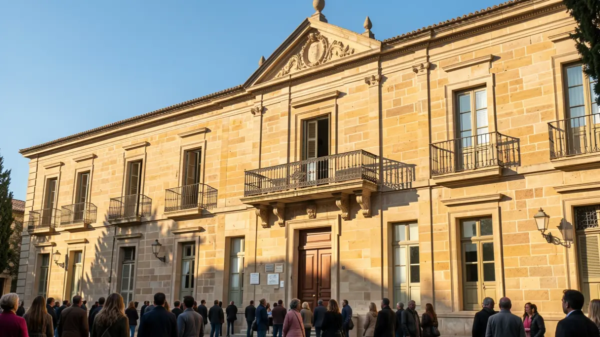 Fachada del Ayuntamiento de Aranjuez con balcón y barandillas de hierro, bajo la luz del sol de la tarde.