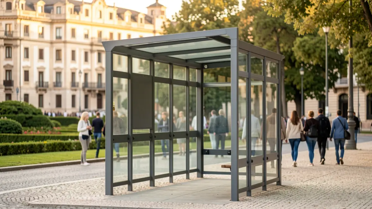 Modern bus stop in Aranjuez with urban architecture and green spaces in the background.