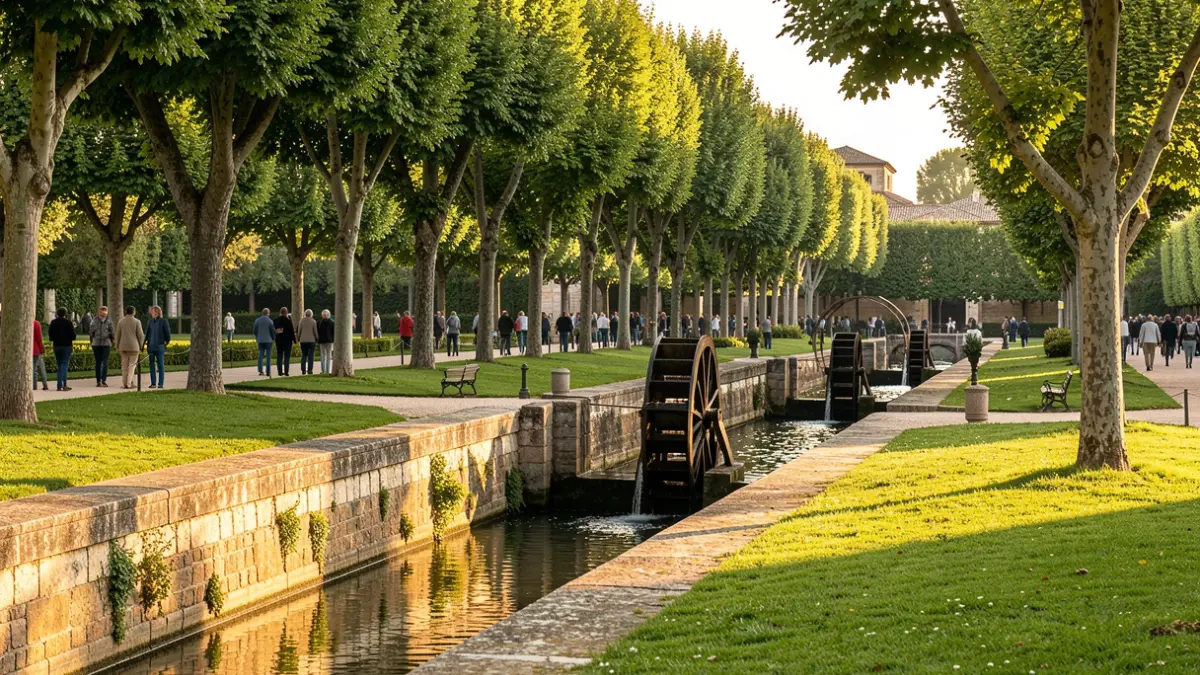 Historic irrigation channels and ancient water wheels in a park in Aranjuez with trees.