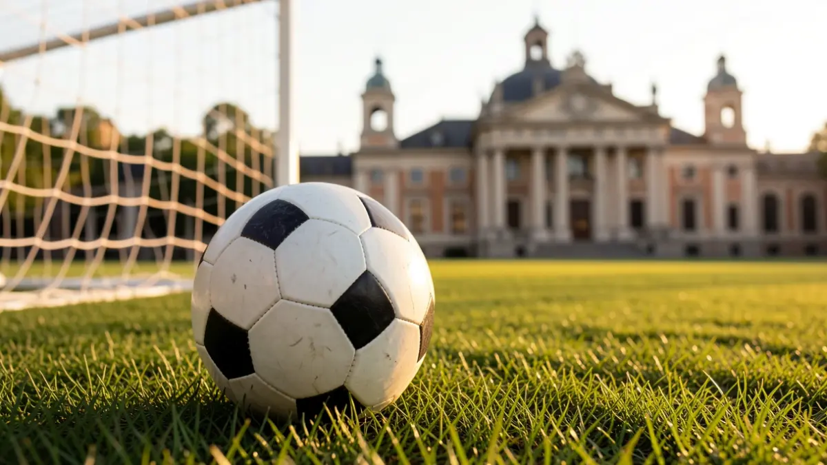 Close-up of a soccer ball on freshly cut grass, with the goal net blurred in the background and golden hour light.
