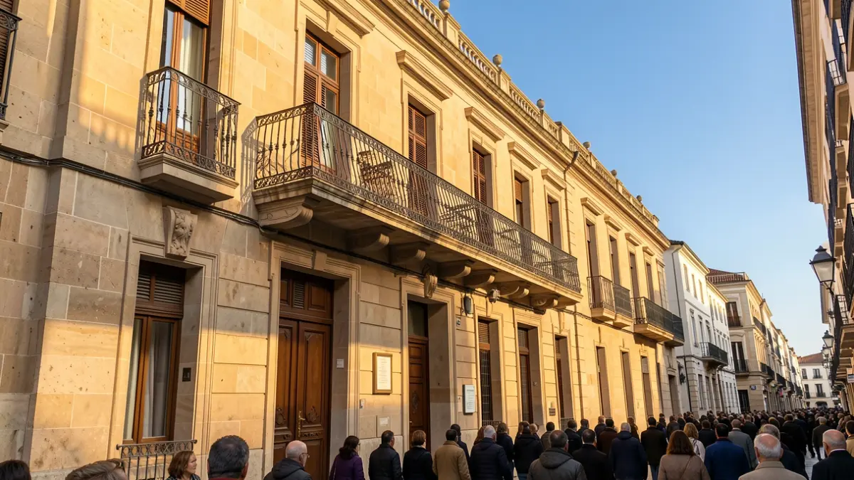 Facade of a town hall in the Community of Madrid with a balcony and iron railings, afternoon sunlight.