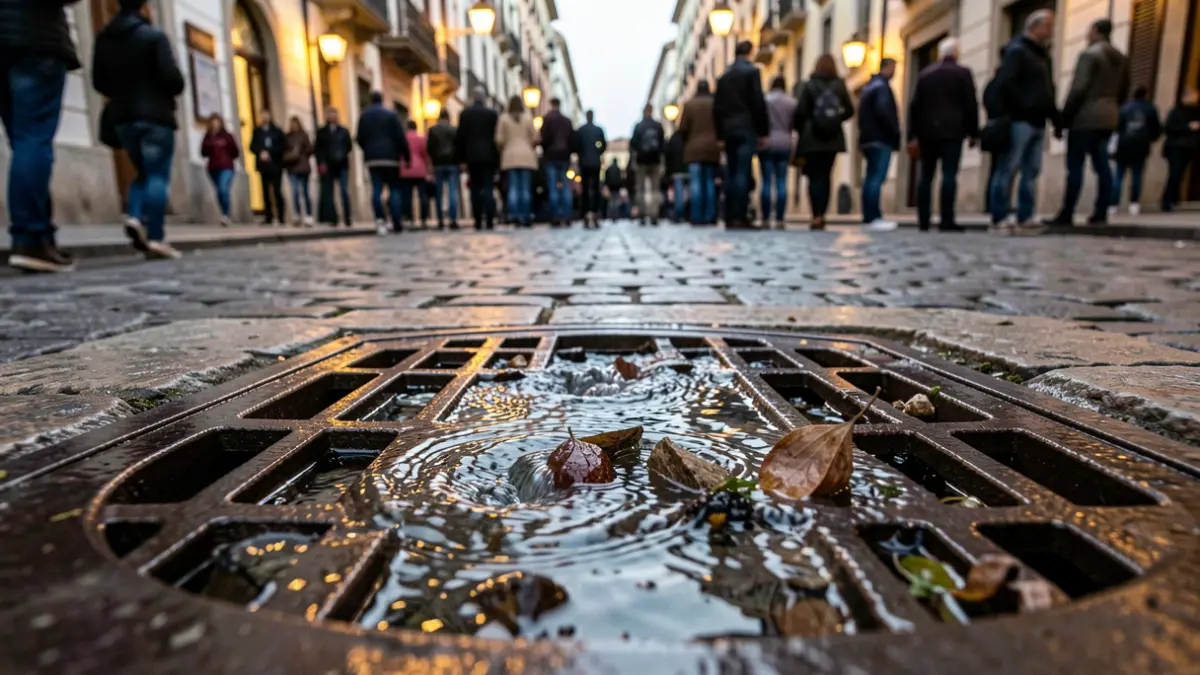 Image of a sewer grate in Aranjuez with water and debris.