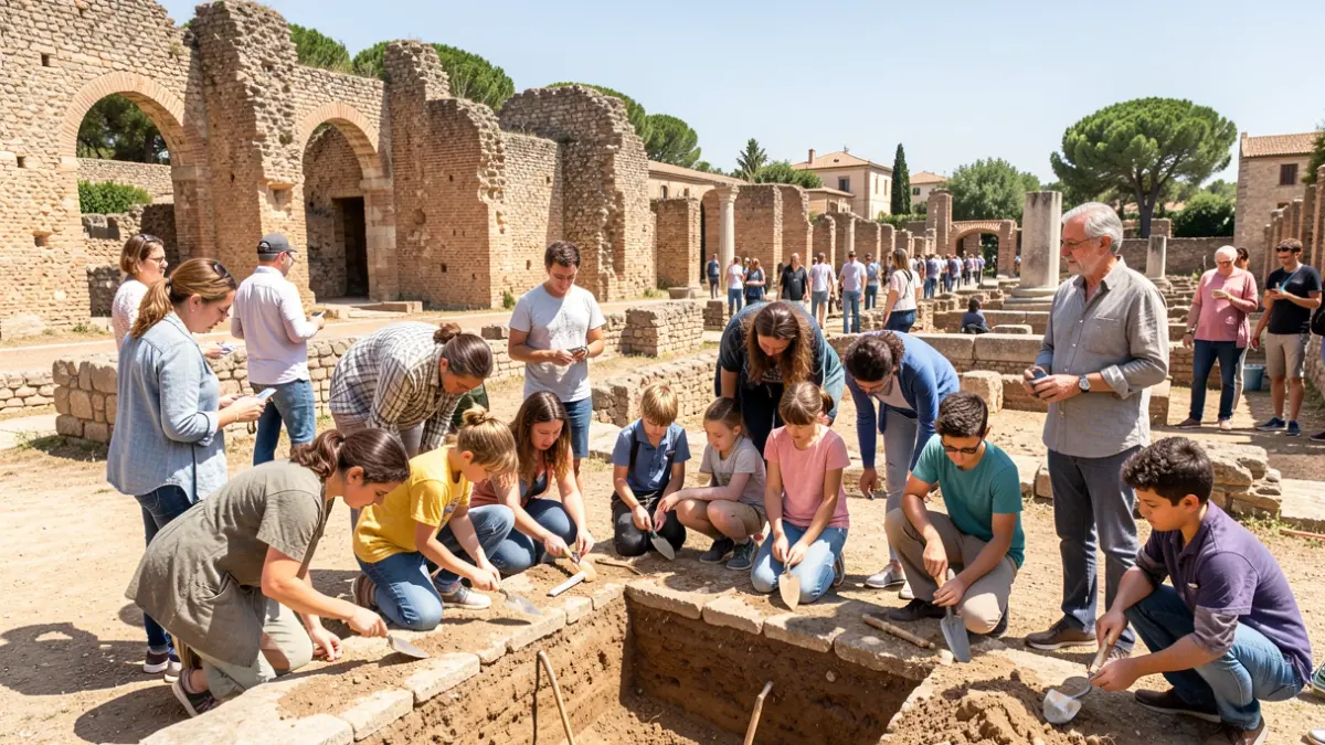 Participants in a simulated archaeology workshop at the Roman ruins of Complutum, Alcalá de Henares.