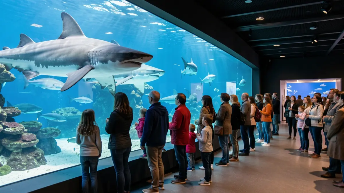Visitantes observando tiburones en el acuario Atlantis.