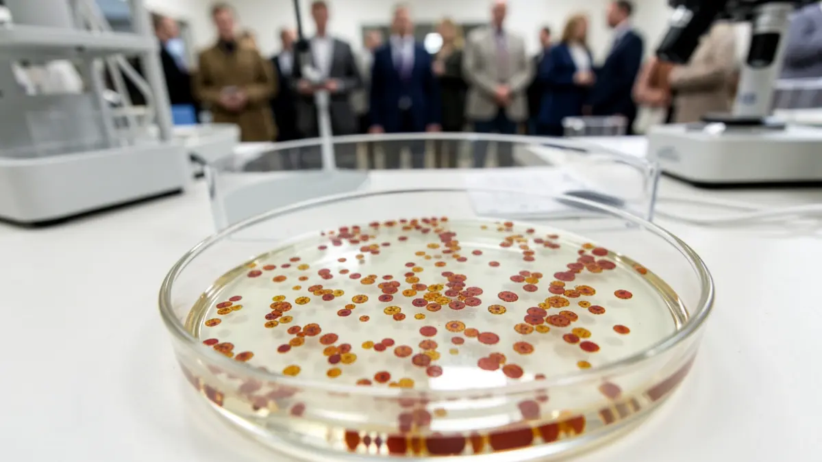 Placa de Petri con cultivo bacteriano mostrando resistencia a antibióticos.