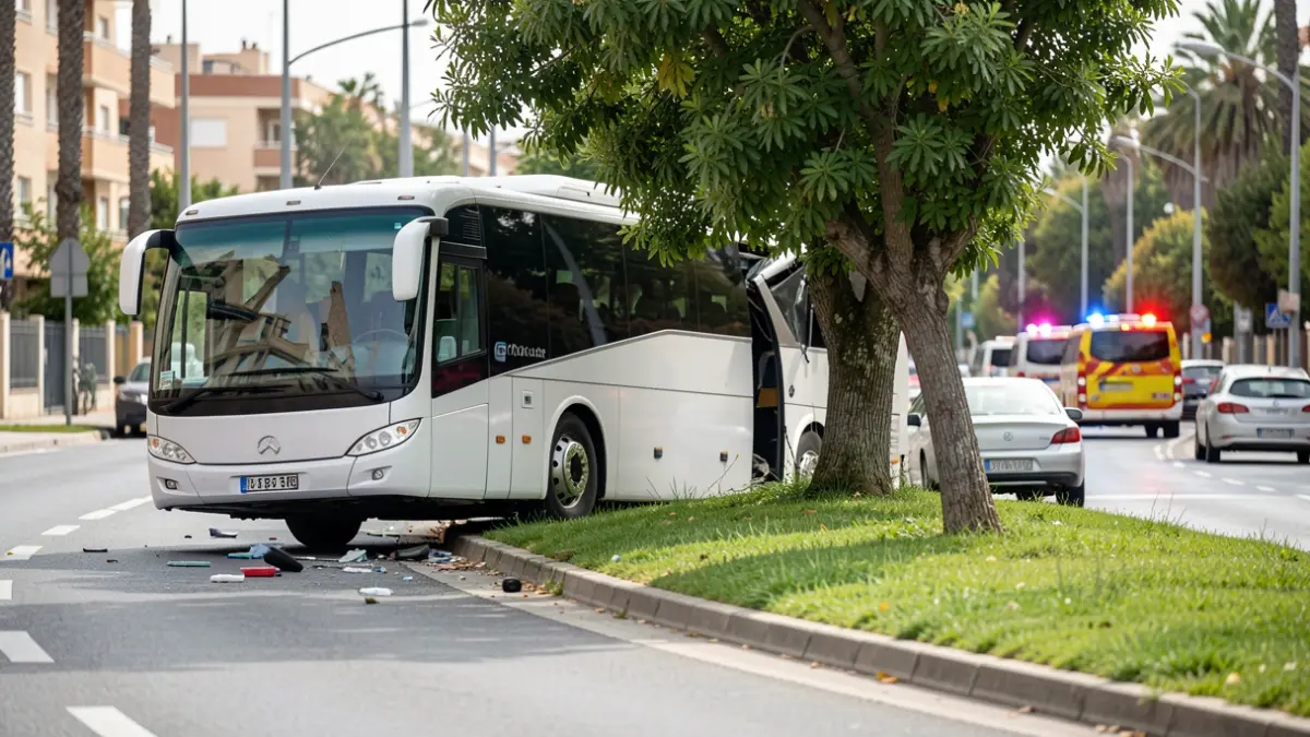 Autobús del Consorcio Regional de Transportes colisionado contra un árbol en Leganés.