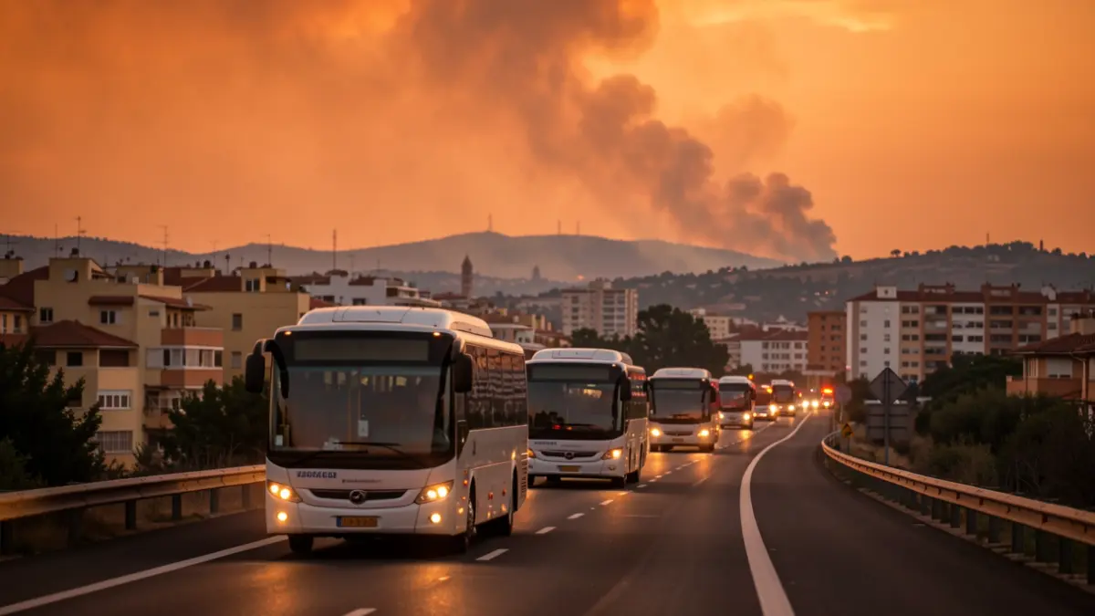 Buses from the Regional Transport Consortium evacuating people from an area affected by a wildfire in the western sierra of Madrid at dusk.