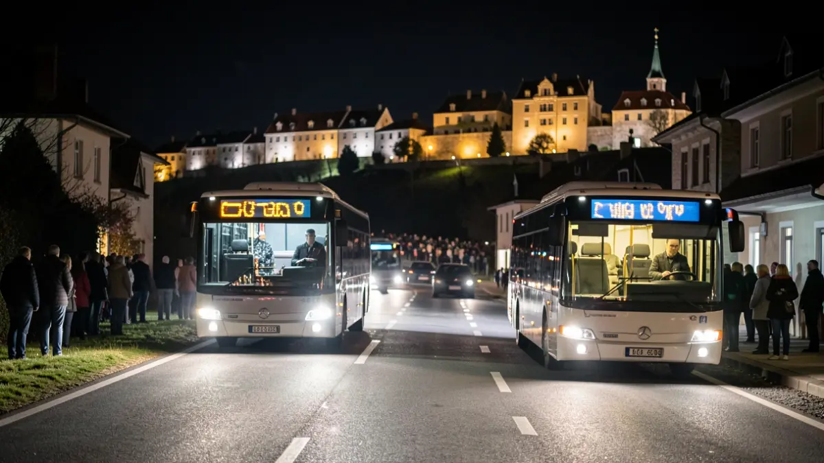 Generic image of night buses on a road between two towns.
