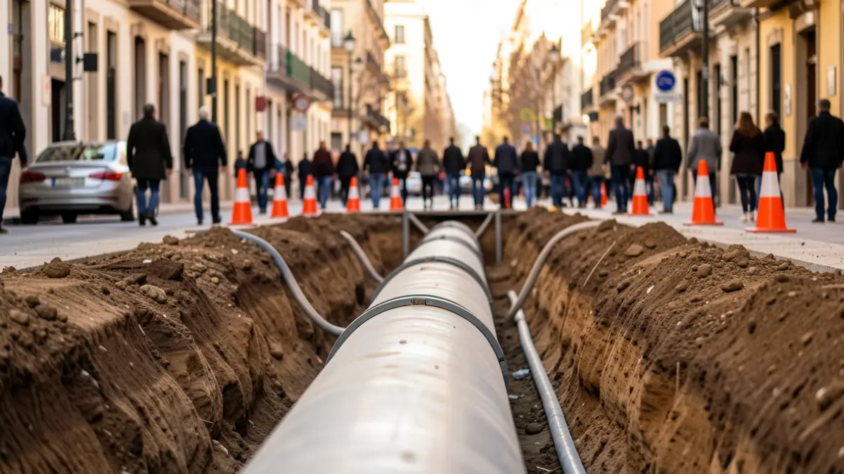 Obras de renovación de un colector en una calle de la ciudad con maquinaria y operarios.
