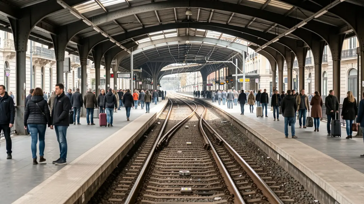 Generic image of an empty Cercanías platform in Madrid with tracks disappearing into the distance.