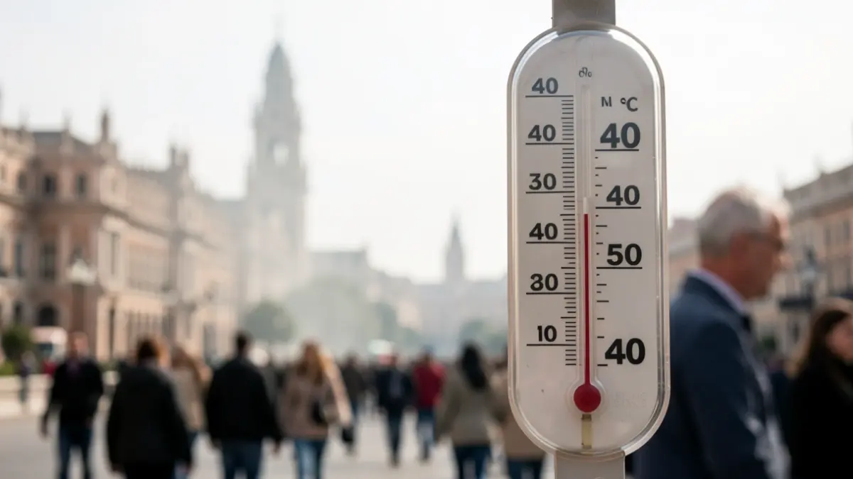 Termómetro marcando 40 grados con el perfil de Madrid al fondo.