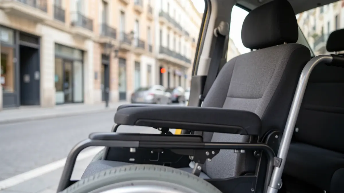 Asiento adaptado para silla de ruedas en un taxi en Madrid.