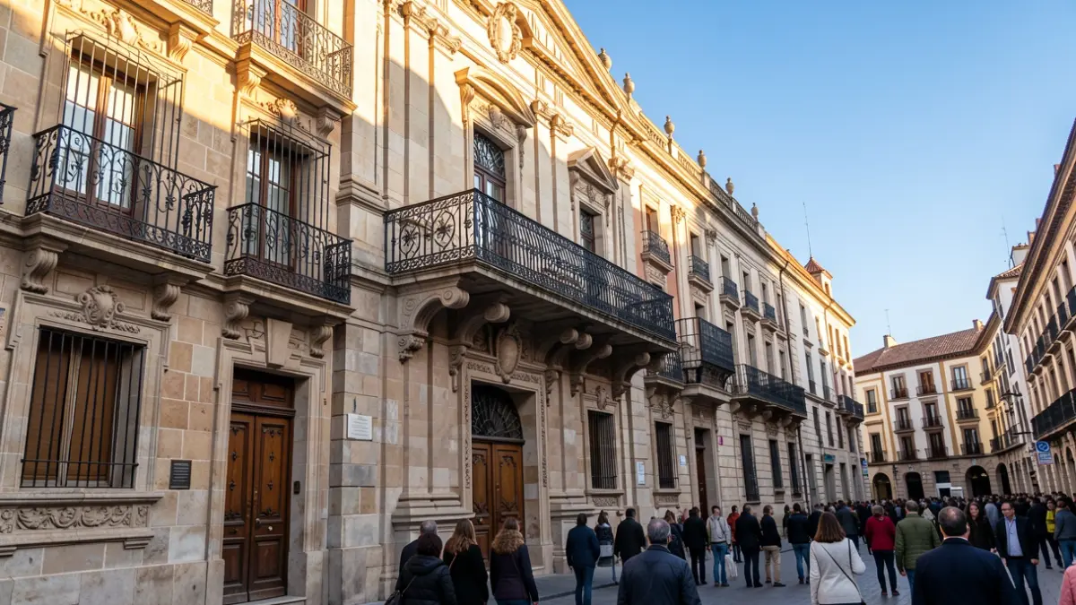 Facade of a traditional stone town hall in Madrid with an iron balcony and afternoon light.