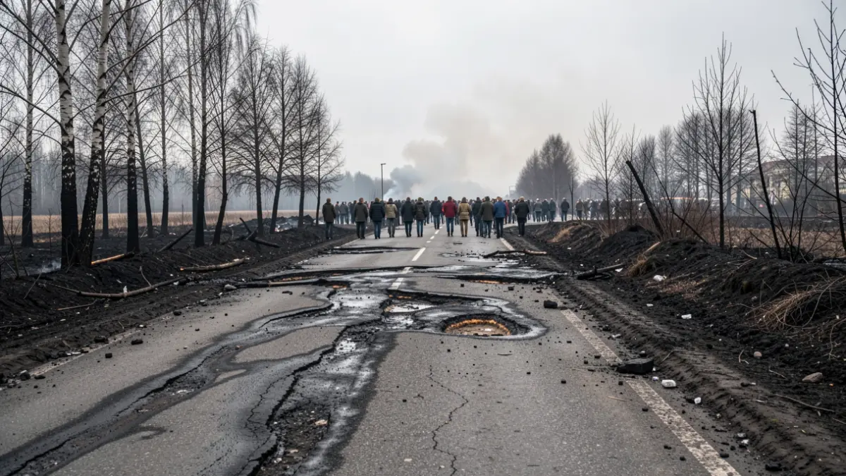 Carretera dañada por el fuego con restos de vegetación quemada alrededor.
