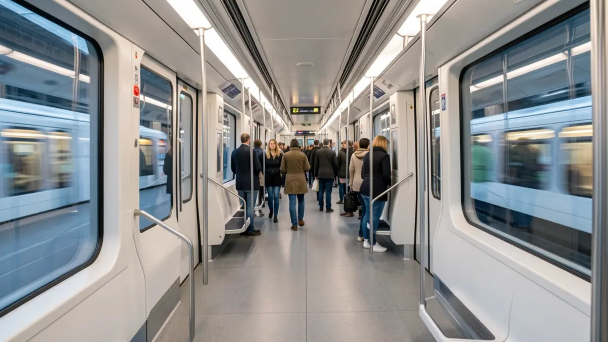 Interior de un tren autónomo de Metro de Madrid con diseño futurista y pasillos amplios.