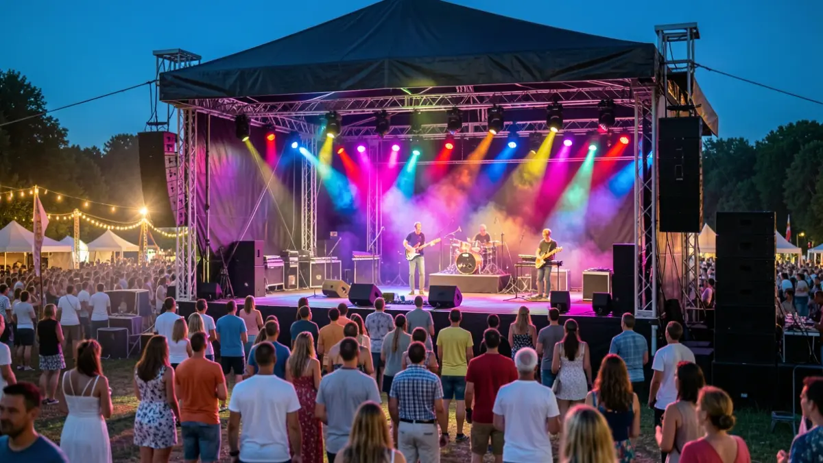 Generic scene of an outdoor music festival at dusk, with colorful lights and a blurred crowd.