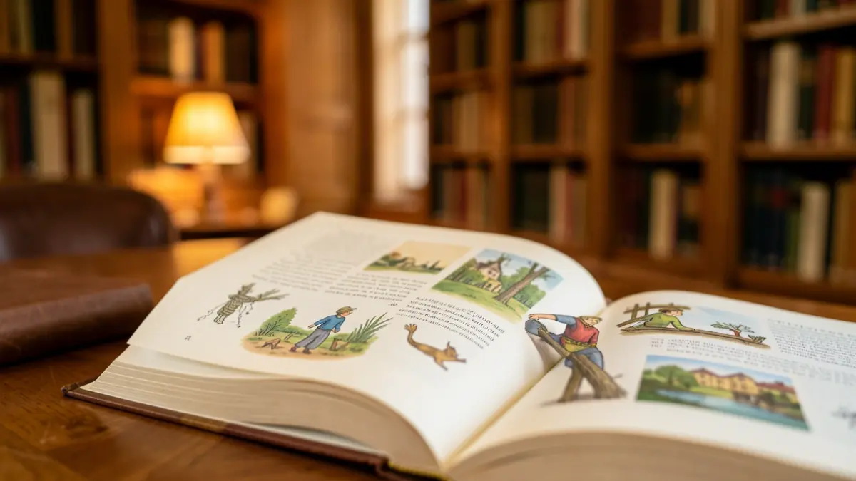 Imagen genérica de un libro abierto con ilustraciones y texto, en un ambiente cálido y de lectura.