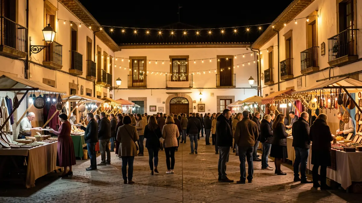 Imagen genérica de una plaza española iluminada por la noche durante una fiesta popular.