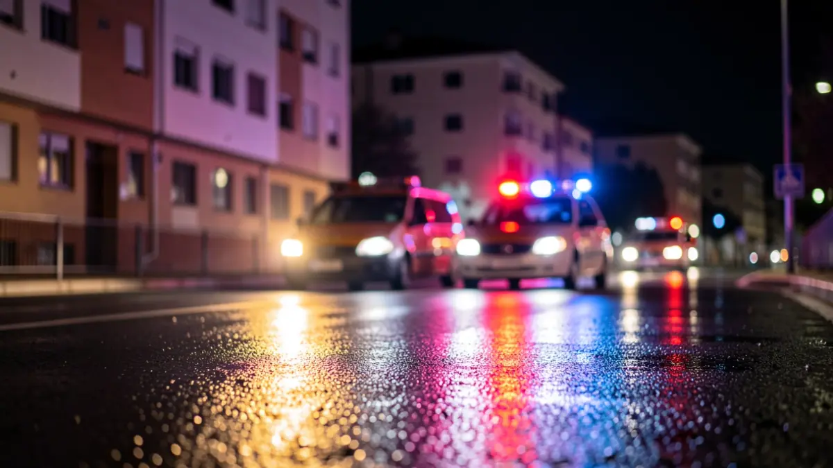 Emergency lights reflecting on wet asphalt at night in Alcorcón, with blurred buildings in the background.