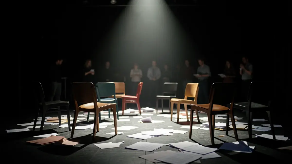Abstract scene of a dark theater play with scattered chairs and papers on a dimly lit stage.