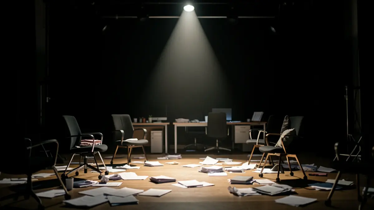Scene from a dark theater play set in a chaotic office.